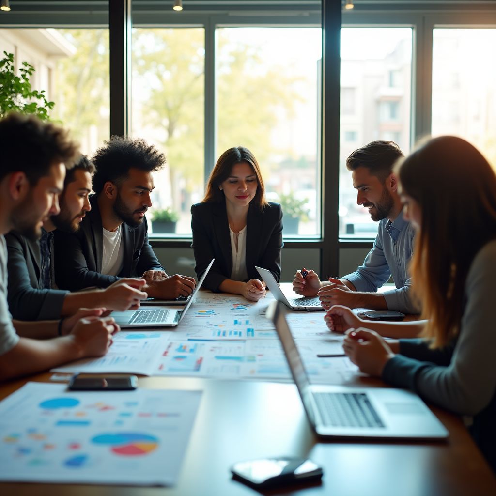 Equipo trabajando en una reunión colaborativa
