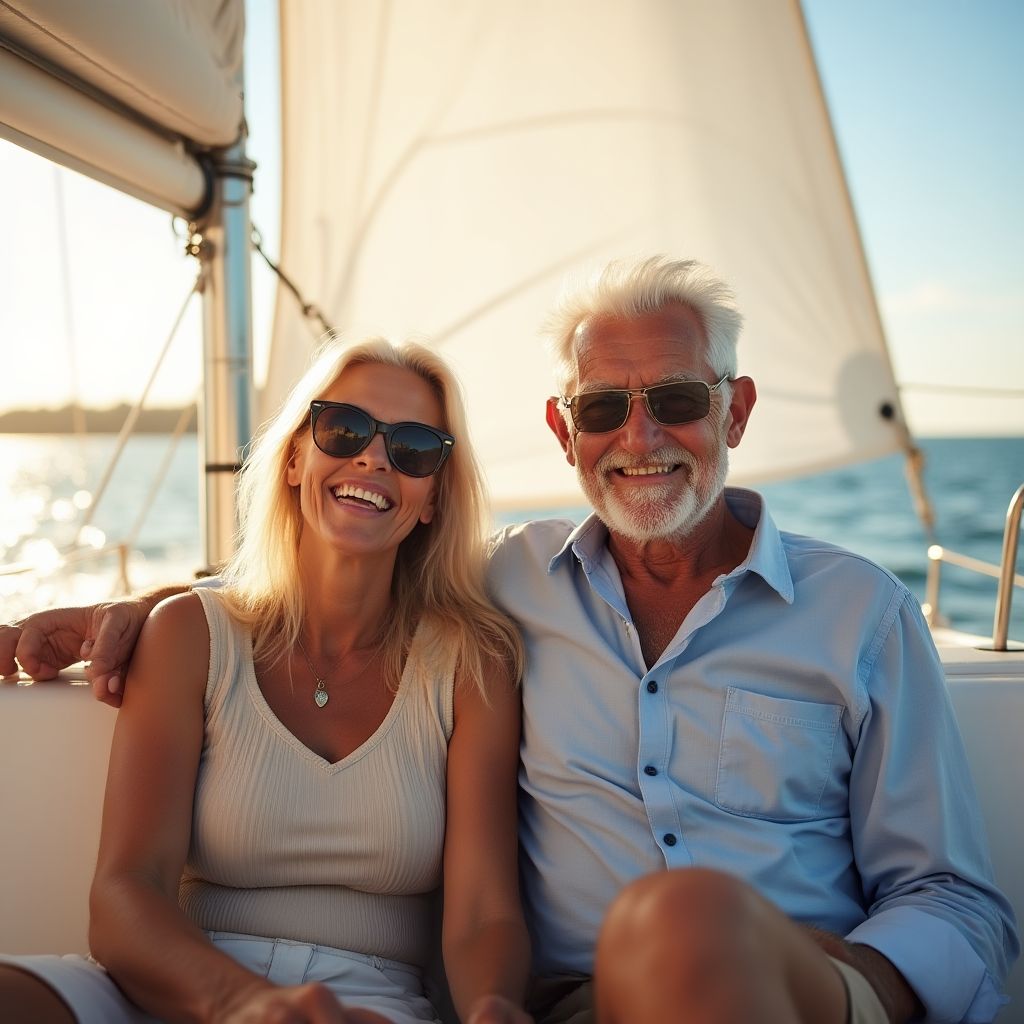 Pareja mayor feliz en un velero