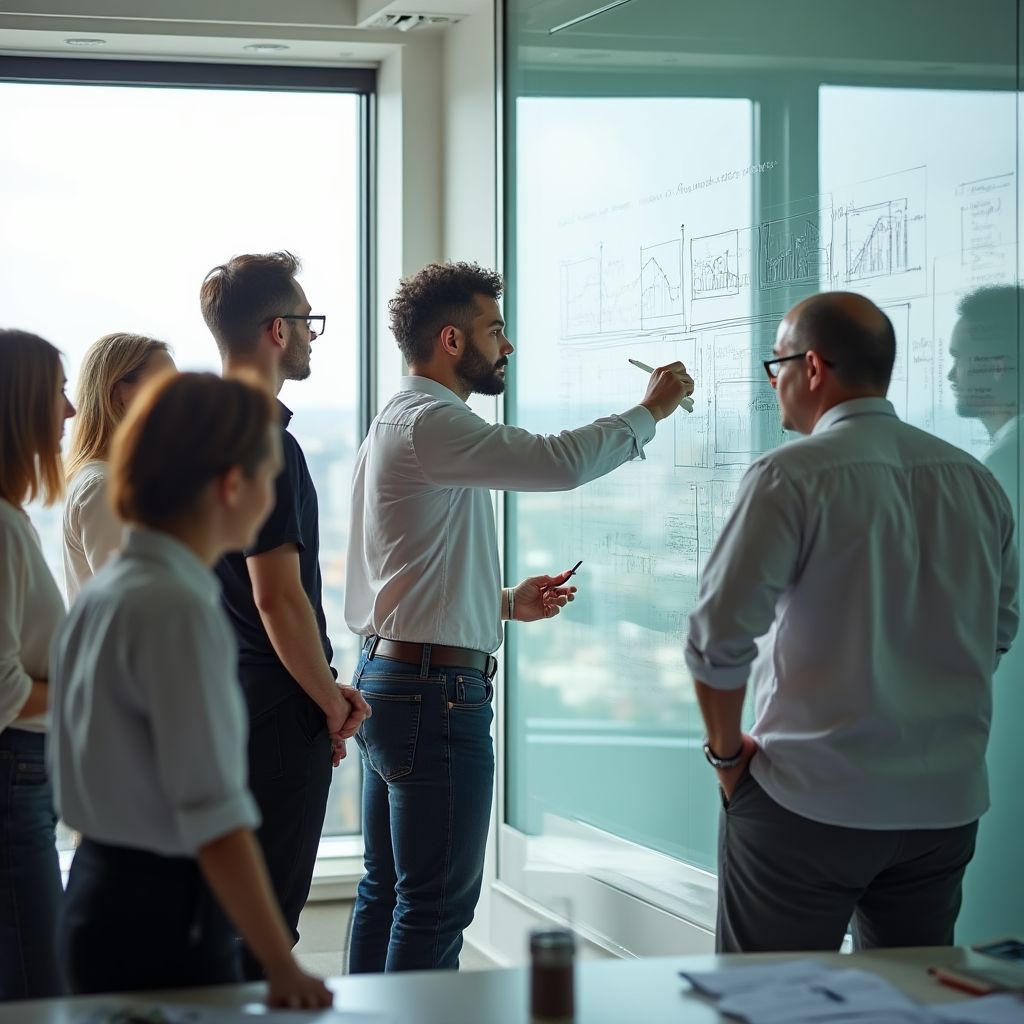 Equipo de consultores financieros discutiendo estrategias en una pizarra